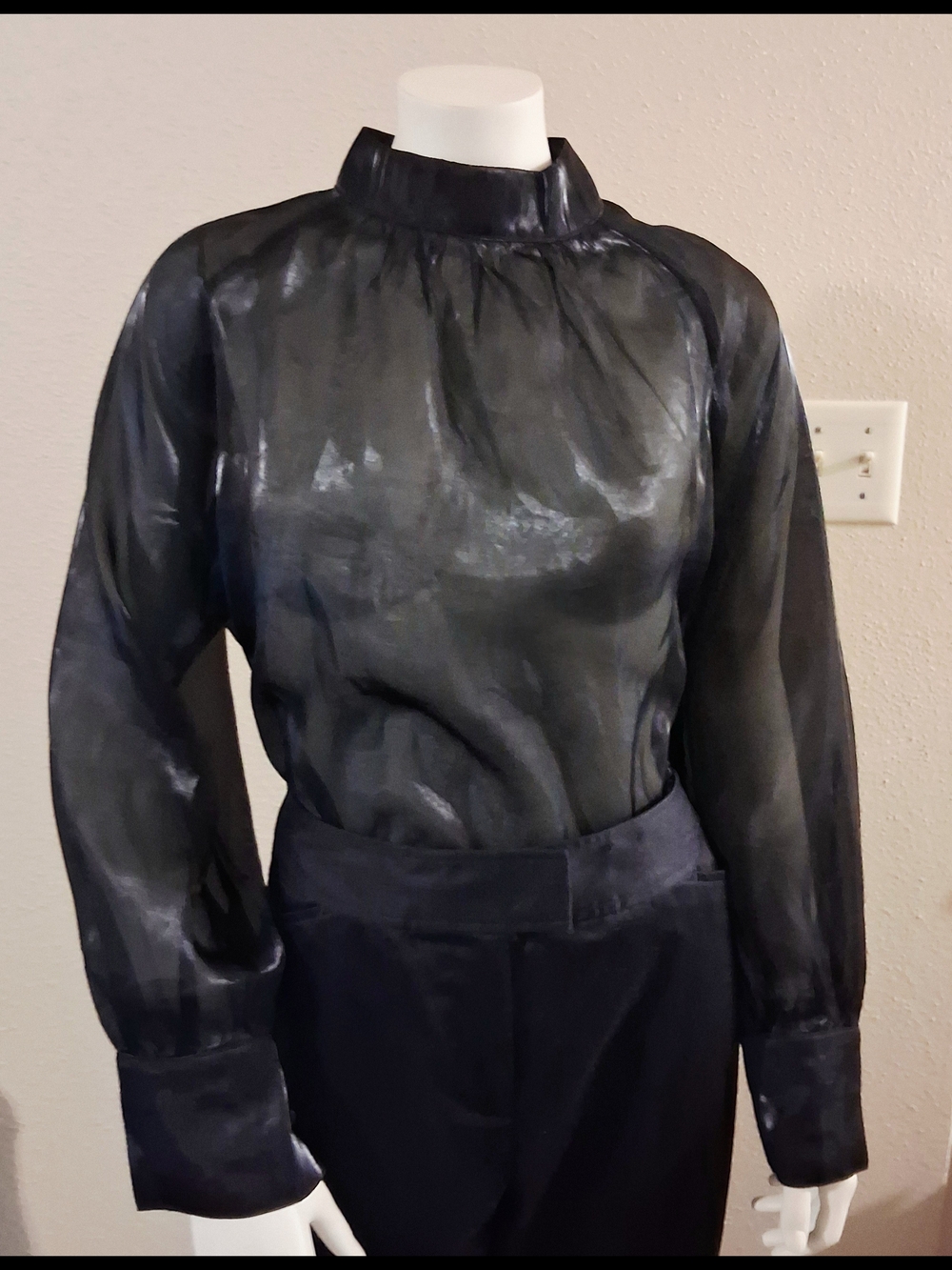 Sheer Long-Sleeve Mock Neck Blouse in Black